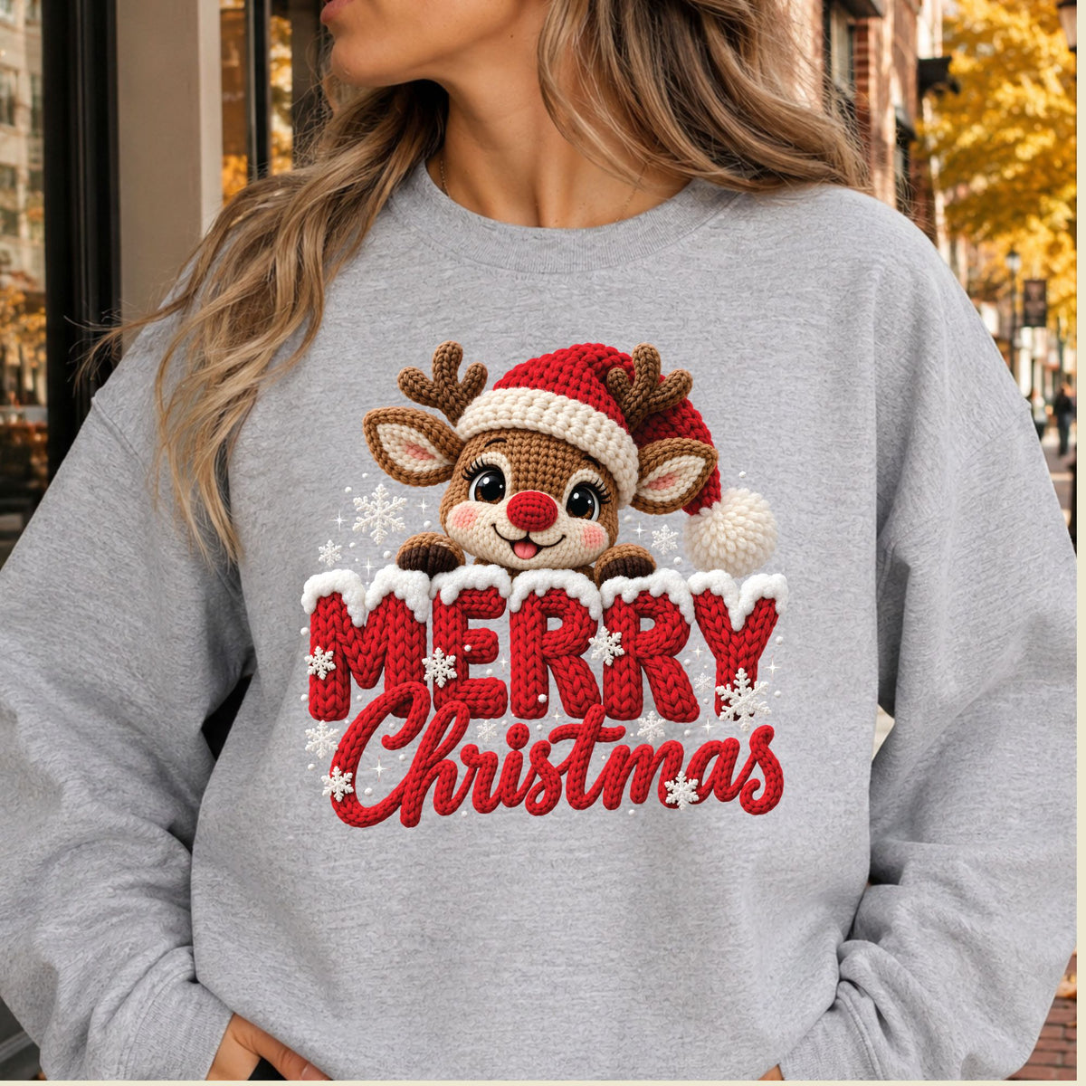 Cute Reindeer Christmas T-Shirt, Santa Hat Knitted Lettering Tee, Cozy Holiday Sweatshirt