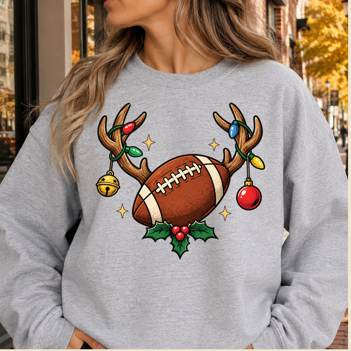 Christmas Football T-Shirt, Reindeer Antlers Lights and Holly Tee, Festive Holiday Sweatshirt
