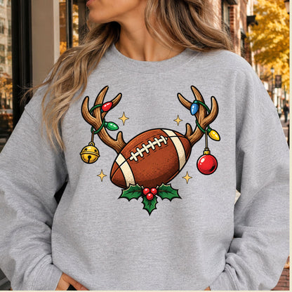Christmas Football T-Shirt, Reindeer Antlers Lights and Holly Tee, Festive Holiday Sweatshirt
