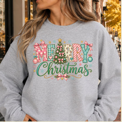 Pastel Pink Bow Christmas T-Shirt, Merry Christmas Tree Graphic Tee, Cute Coquette Holiday Shirt