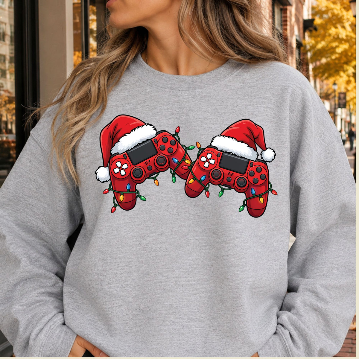 Christmas Gaming T-Shirt, Video Game Controller Santa Hat Holiday Lights Graphic Tee