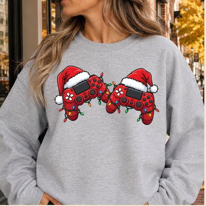 Christmas Gaming T-Shirt, Video Game Controller Santa Hat Holiday Lights Graphic Tee