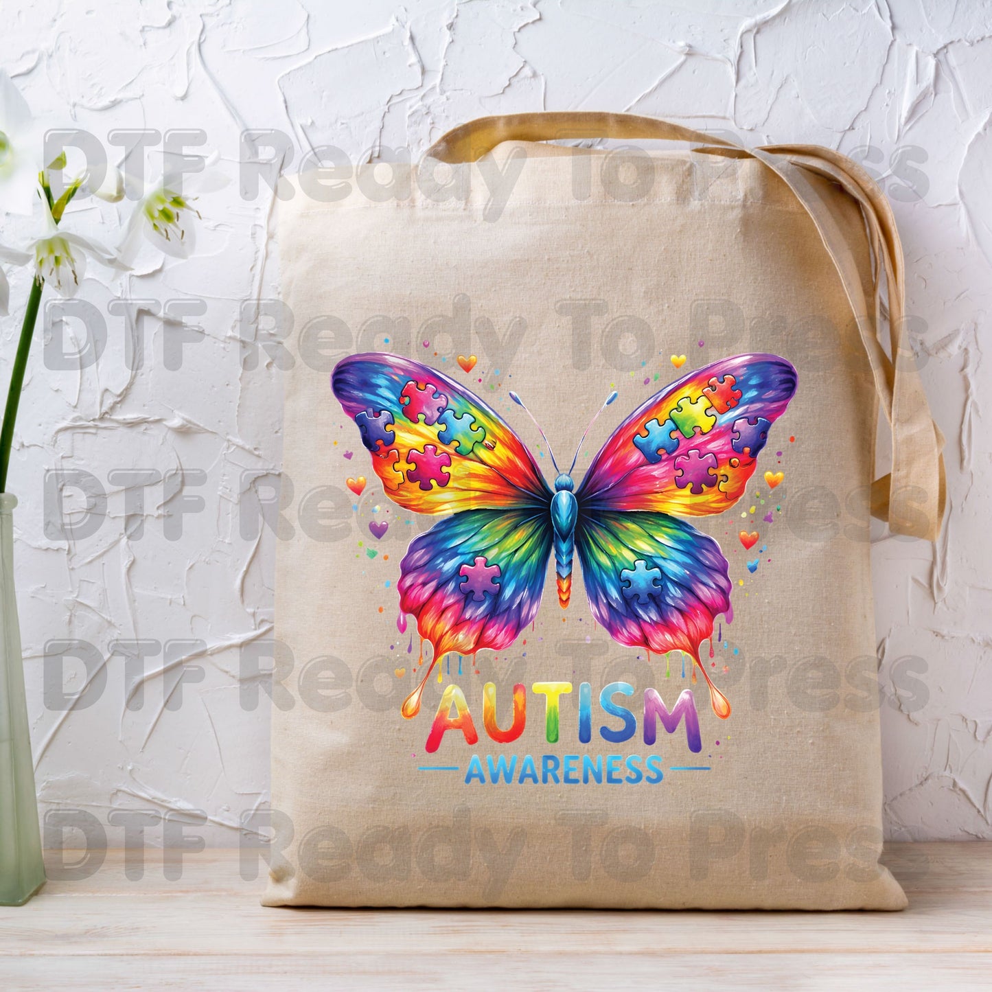 Autism Awareness DTF Transfer Ready to Press Rainbow Butterfly Puzzle Pieces Heat Transfer Tee Print Direct to Film Transfer