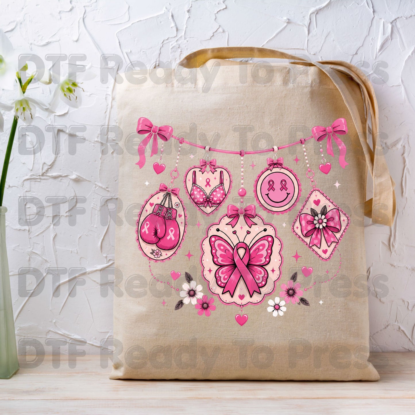 Pink Ribbon Breast Cancer Awareness Charms DTF Transfer Ready to Press Heat Transfer Butterfly Bow Tee