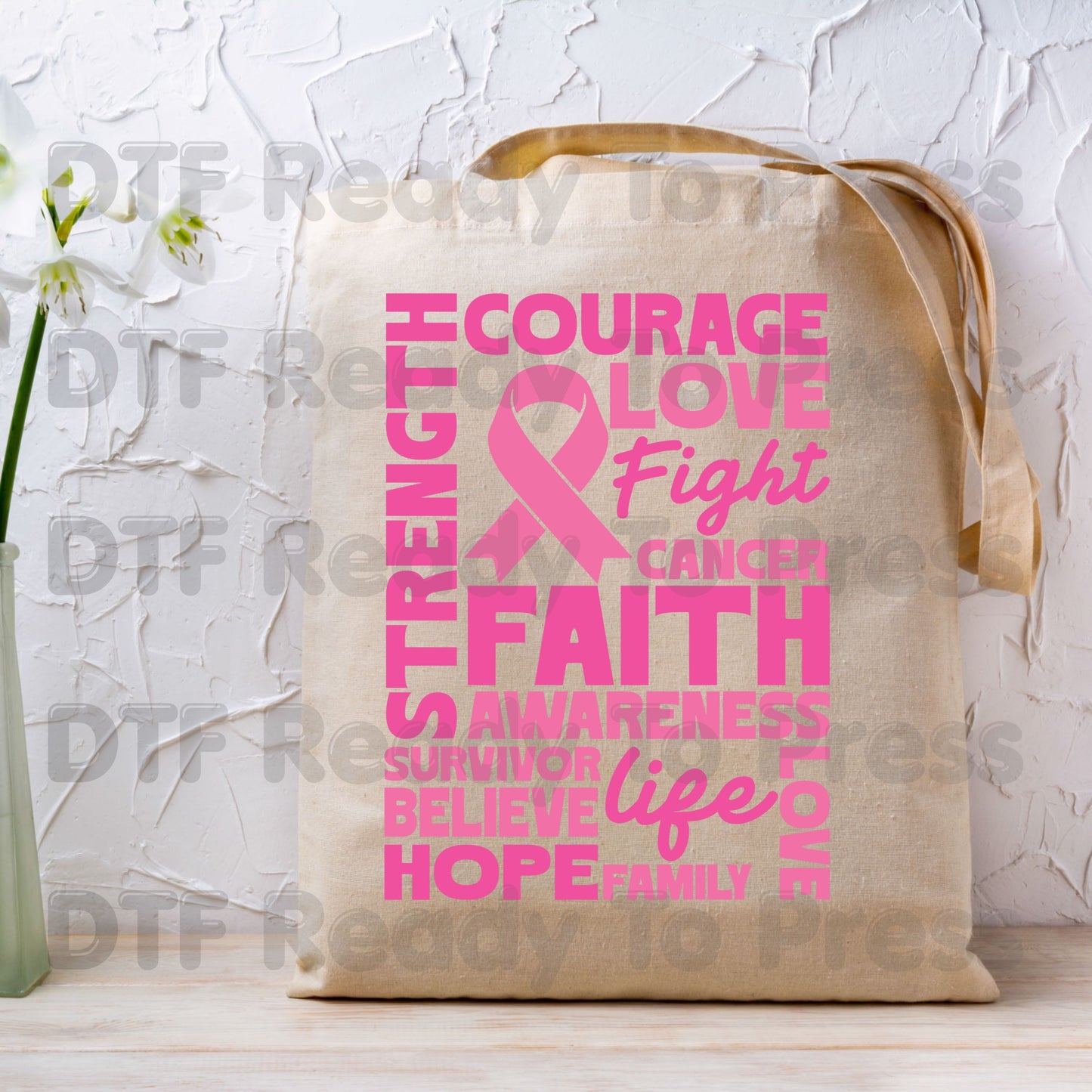 Courage Love Faith Breast Cancer Awareness DTF Transfer Ready to Press Heat Transfer Pink Ribbon Words Tee