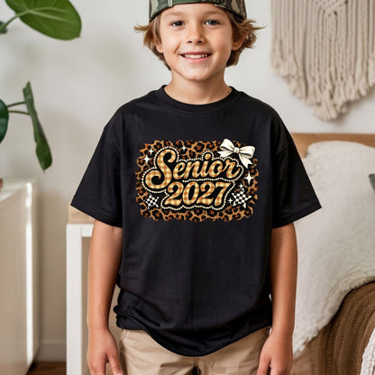 Senior 2027 DTF Transfer Ready to Press Graduation Heat Transfer for Shirts Brown Plaid Leopard Pearl Bow Stars Graphic Tee