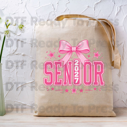 Senior 2027 DTF Transfer Ready to Press Graduation Heat Transfer for Shirts Pink Coquette Bow Varsity Letters Stars Graphic Tee