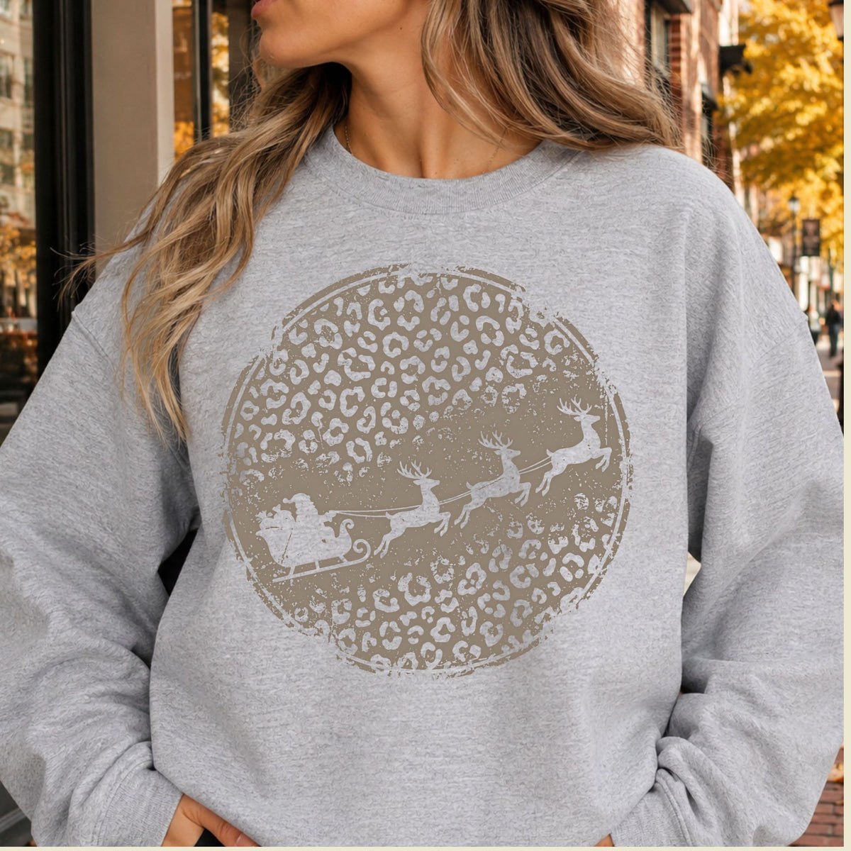 Leopard Print Santa Sleigh T-Shirt, Christmas Reindeer Graphic Tee, Trendy Holiday Shirt
