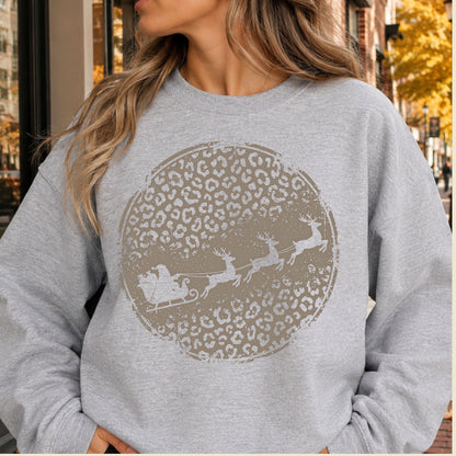 Leopard Print Santa Sleigh T-Shirt, Christmas Reindeer Graphic Tee, Trendy Holiday Shirt