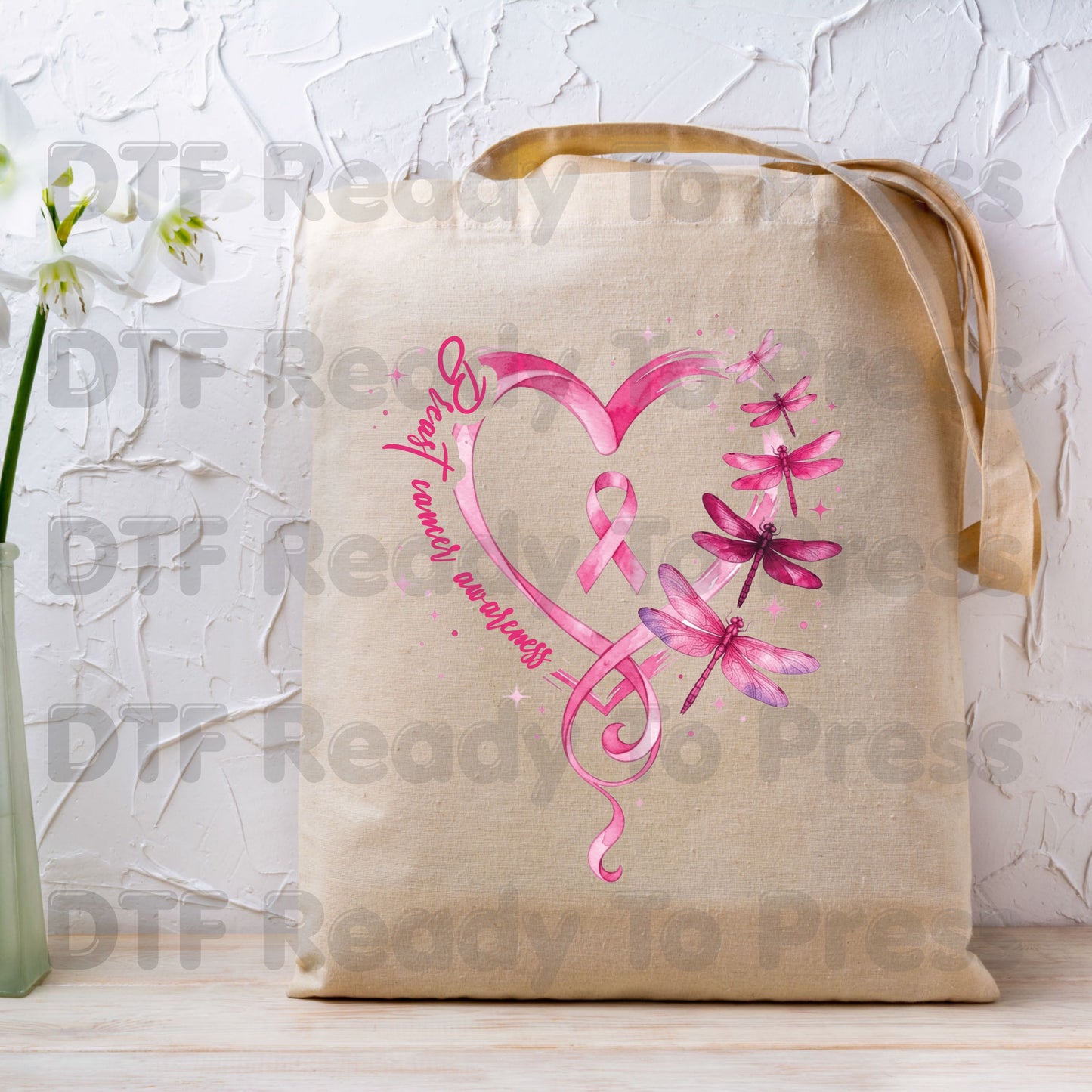 Breast Cancer Awareness Pink Heart Dragonfly DTF Transfer Ready to Press Heat Transfer Ribbon Tee