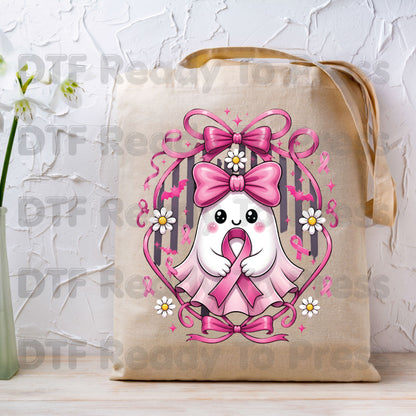 Halloween Breast Cancer Awareness Cute Ghost DTF Transfer Ready to Press Heat Transfer Pink Ribbon Bow Spooky Tee