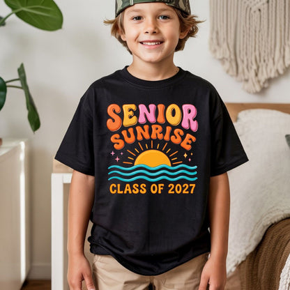 Senior Sunrise Class of 2027 DTF Transfer Ready to Press Graduation Heat Transfer for Shirts Retro Sun Waves Bubble Font Tee