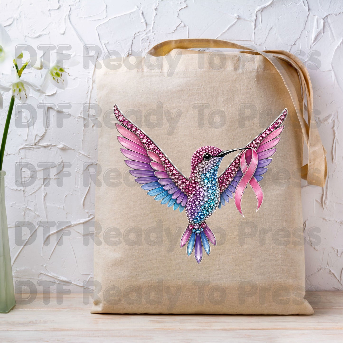 Rhinestone Hummingbird Pink Ribbon Breast Cancer Awareness DTF Transfer Ready to Press Heat Transfer Bird Tee