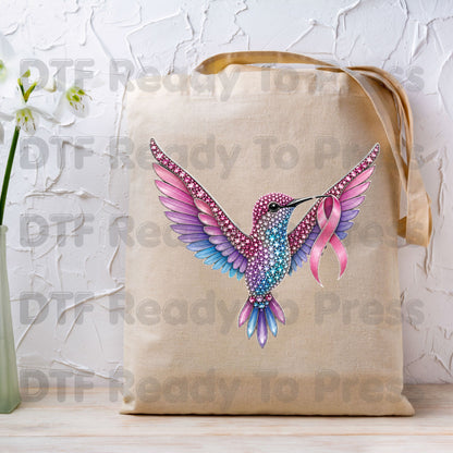 Rhinestone Hummingbird Pink Ribbon Breast Cancer Awareness DTF Transfer Ready to Press Heat Transfer Bird Tee