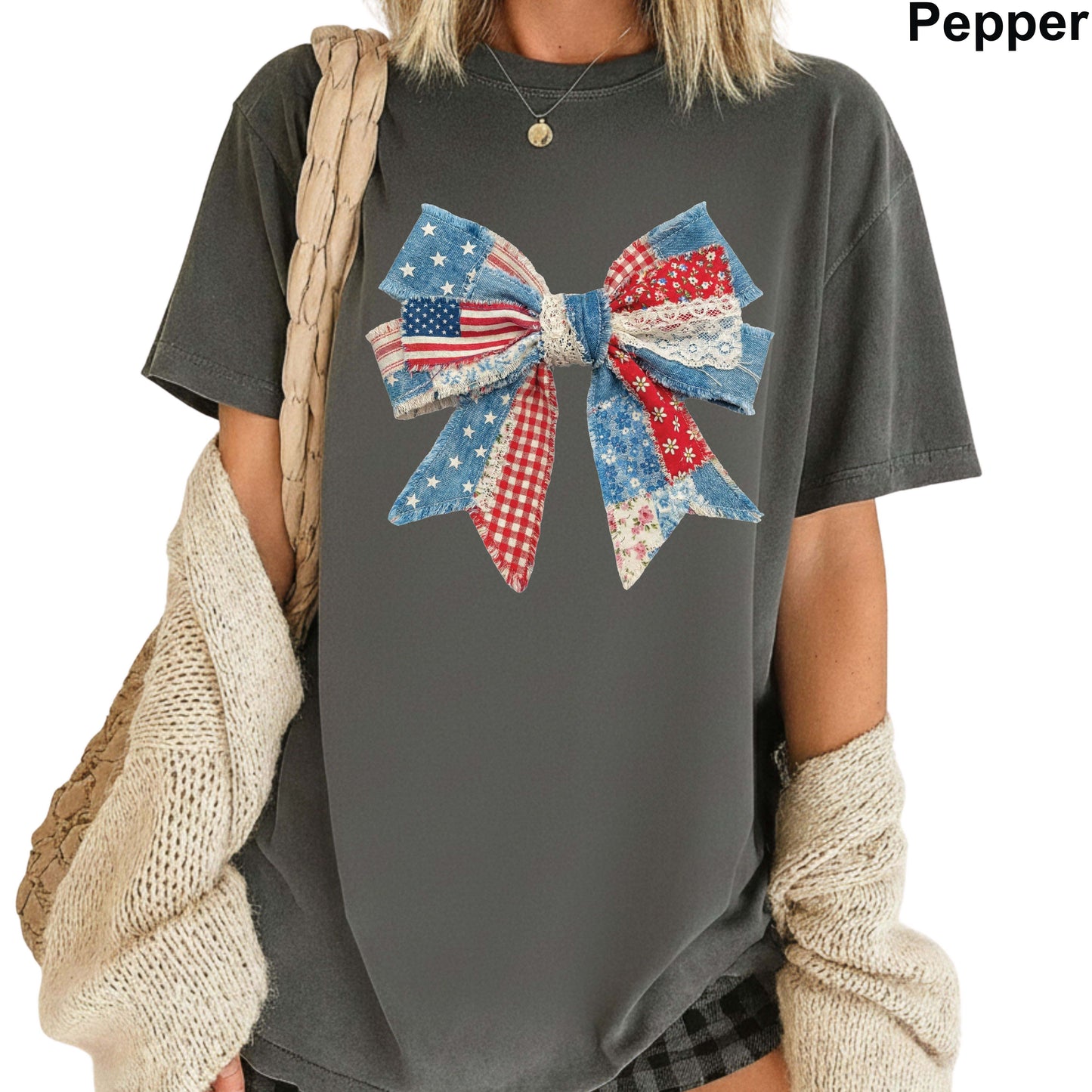 USA Faux Yarn Printed Comfort Colors T Shirt America Flag Heart Apparel Butterfly American Tees America Coquette Bow Clothing