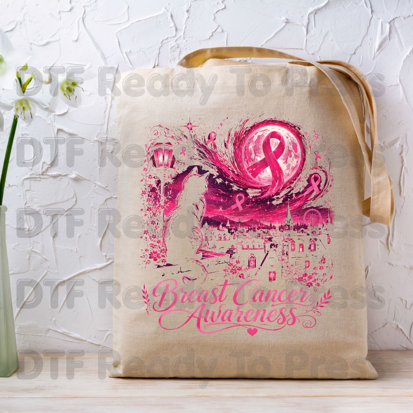 Pink Cat Moon Breast Cancer Awareness DTF Transfer Ready to Press Heat Transfer Tee