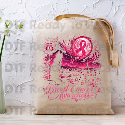 Pink Cat Moon Breast Cancer Awareness DTF Transfer Ready to Press Heat Transfer Tee