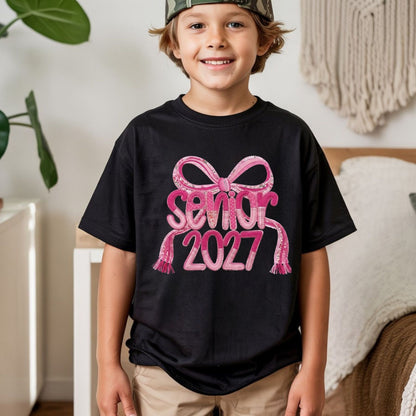 Senior 2027 DTF Transfer Ready to Press Graduation Heat Transfer for Shirts Pink Quilted Stitch Bow Patch Graphic Tee