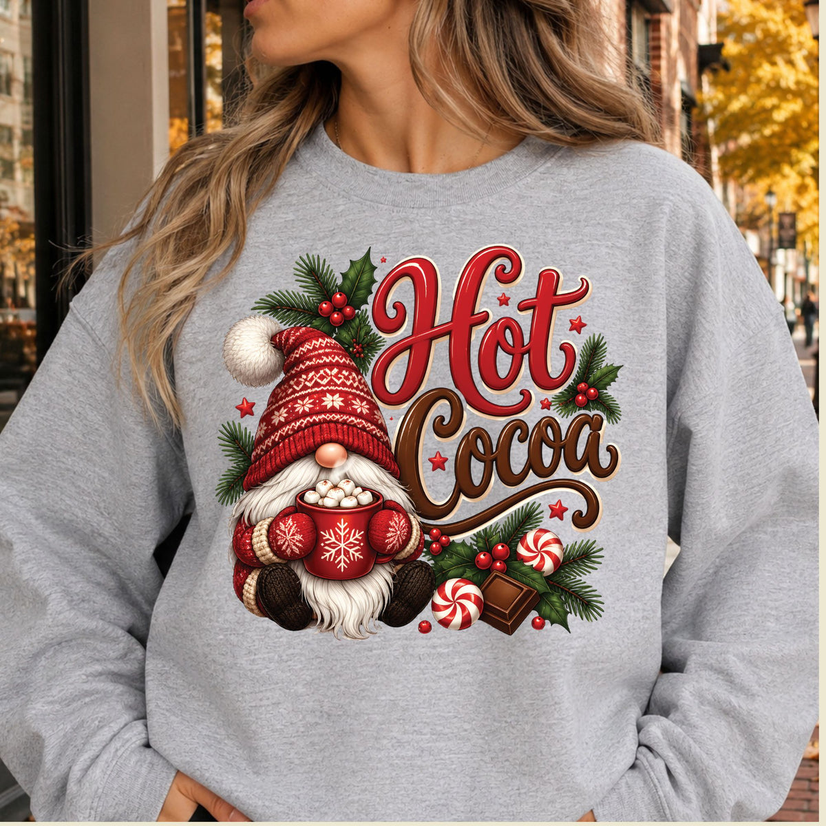 Christmas Gnome T-Shirt, Hot Cocoa Peppermint and Holly Graphic Tee, Cute Holiday Shirt