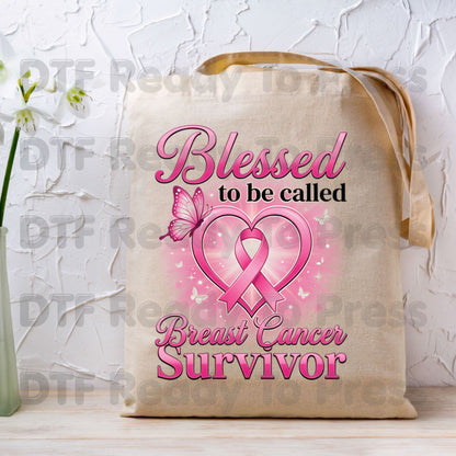 Blessed To Be Called Breast Cancer Survivor DTF Transfer Ready to Press Heat Transfer Pink Ribbon Tee