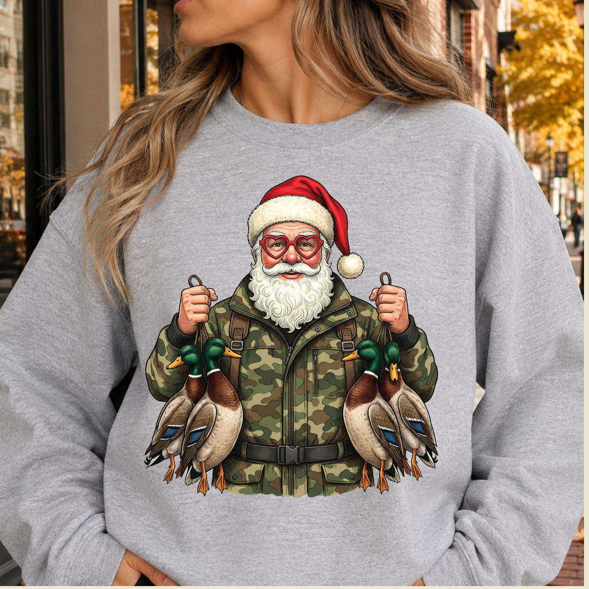 Duck Hunting Christmas T-Shirt, Santa Duck with Camo Mallards Graphic Tee, Funny Hunting Holiday Shirt