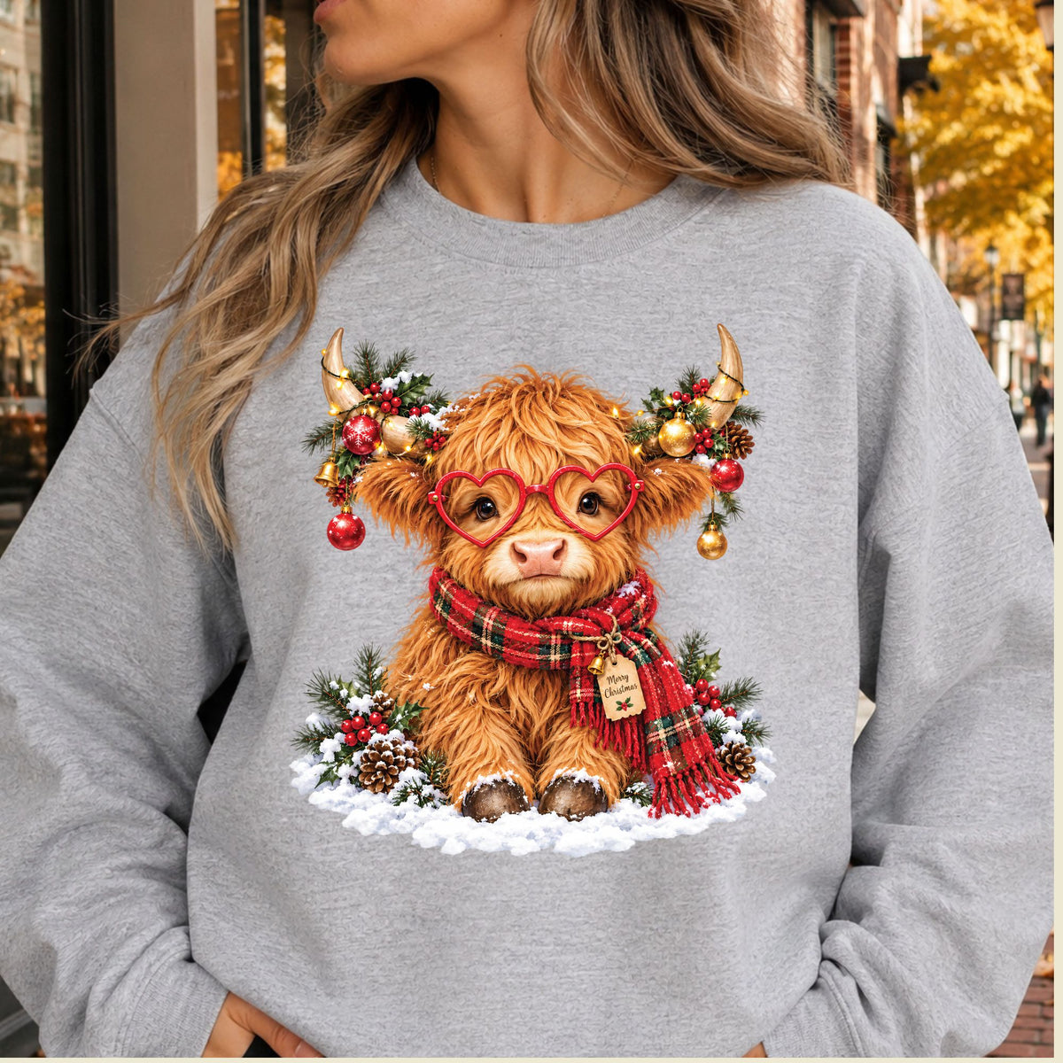 Christmas Highland Cow T-Shirt, Heart Glasses and Scarf Graphic Tee, Cute Holiday Shirt