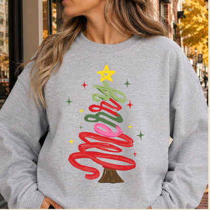 Merry Christmas T-Shirt, Script Tree Sparkle Tee, Festive Holiday Sweatshirt