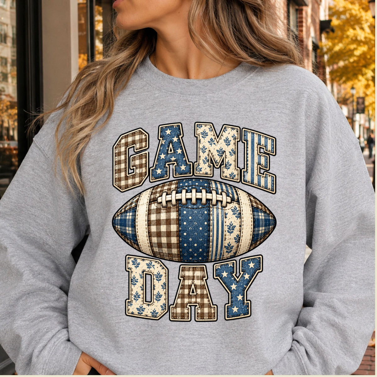 Game Day Football T-Shirt, Blue Plaid Patchwork Tee for Toddler and Kids