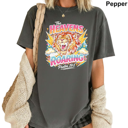 Christian Faux Yarn Printed Comfort Colors T Shirt Jesus Apparel Religious Faith Tees  She Prays The Heavens Roaring Made to Worship