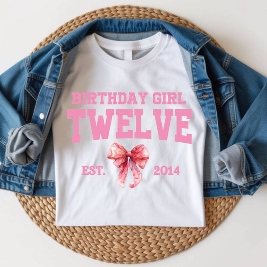 12th Birthday Girl Shirt Pink Bow Coquette Birthday Tee Twelve Years Old Kids Shirt Est 2014 Birthday Gift Youth Girls Birthday Outfit