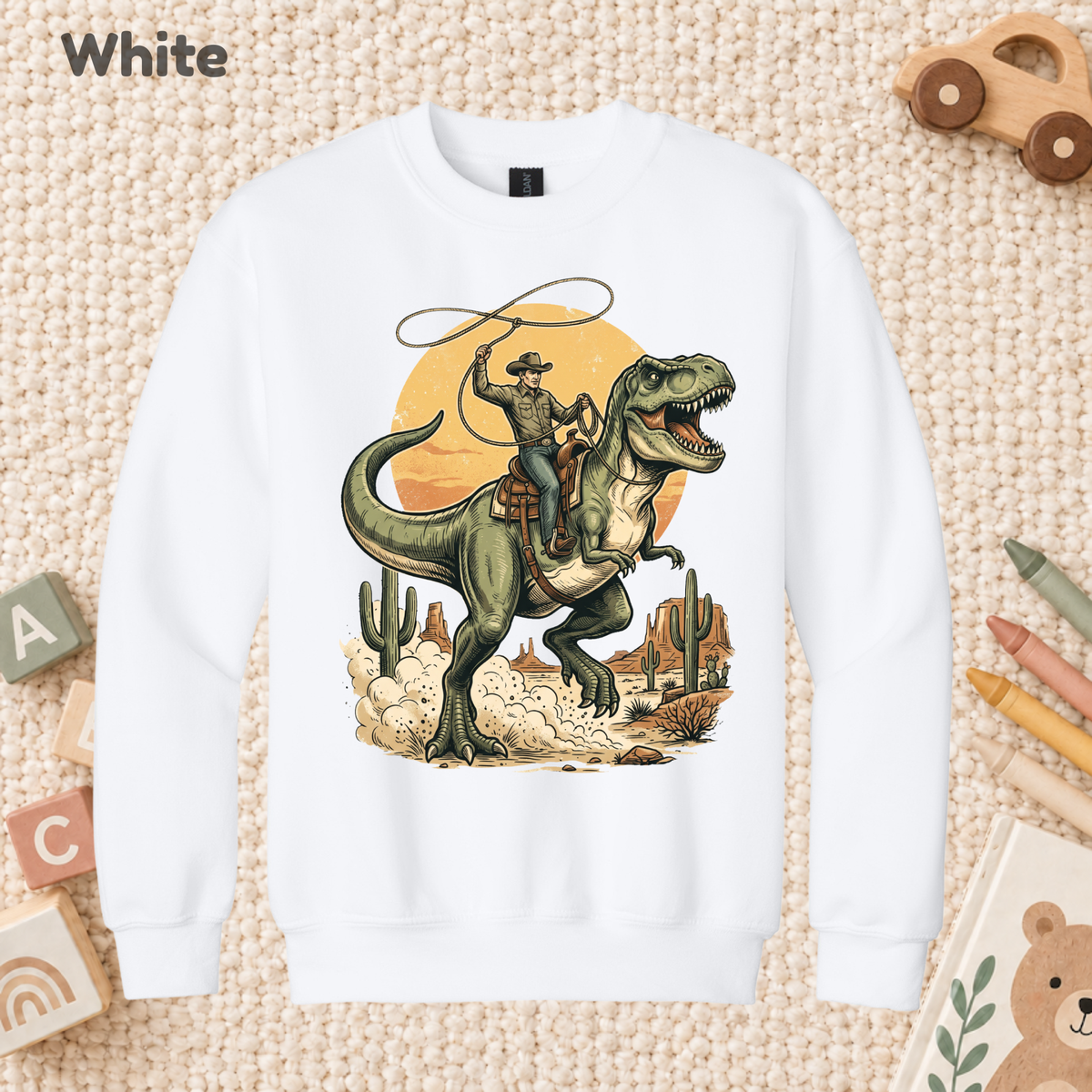 Cowboy Riding T-Rex Western T-Shirt, Rodeo Dinosaur Desert Cactus Tee for Toddler and Kids