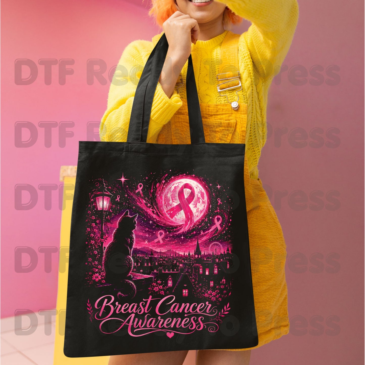 Pink Cat Moon Breast Cancer Awareness DTF Transfer Ready to Press Heat Transfer Tee
