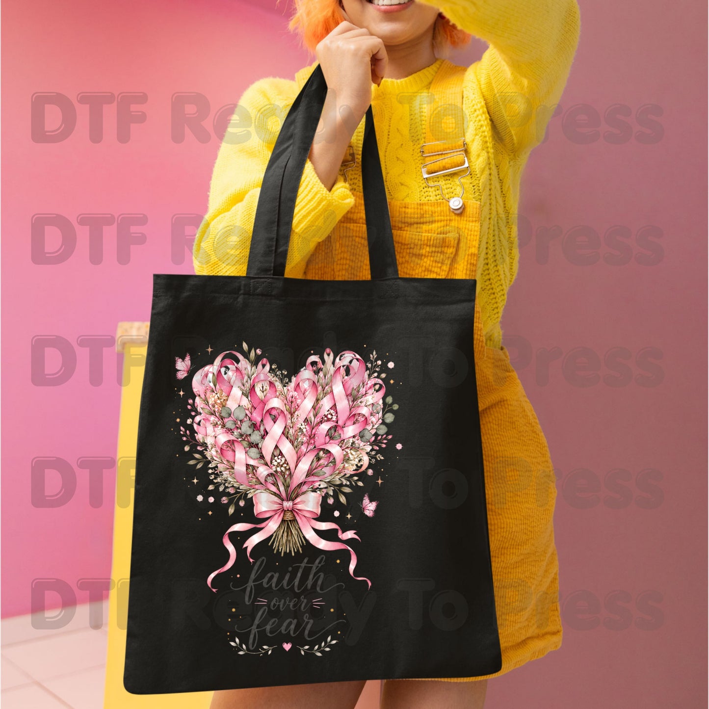 Faith Over Fear Breast Cancer Awareness DTF Transfer Ready to Press Heat Transfer Pink Ribbon Bouquet Tee