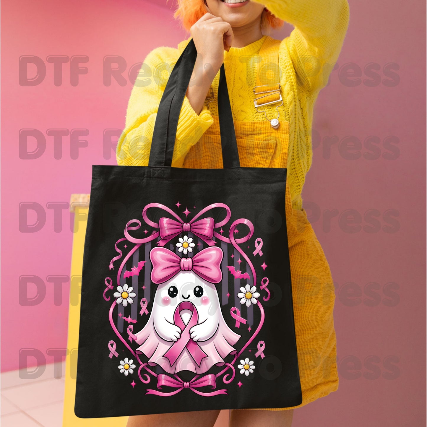 Halloween Breast Cancer Awareness Cute Ghost DTF Transfer Ready to Press Heat Transfer Pink Ribbon Bow Spooky Tee