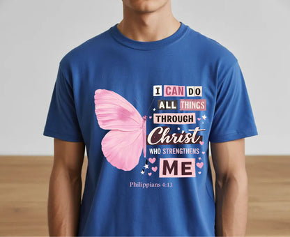 Philippians 4:13 T Shirt Pink Butterfly Tee I Can Do All Things Through Christ Shirt Religious Faith Gift Adult Youth Toddler Baby Church Outfit