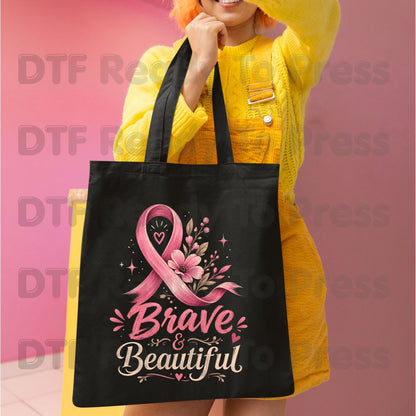 Brave and Beautiful Breast Cancer Awareness DTF Transfer Ready to Press Heat Transfer Pink Floral Ribbon Tee