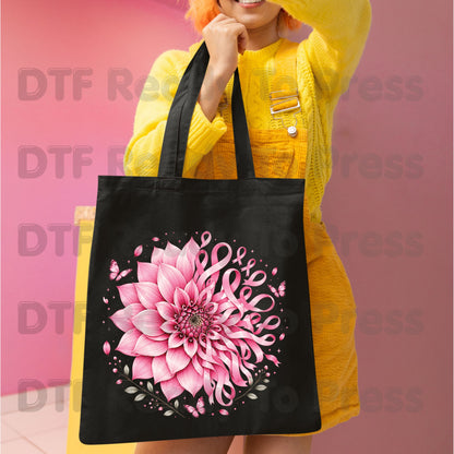 Pink Dahlia Butterfly Ribbon Breast Cancer Awareness DTF Transfer Ready to Press Heat Transfer Tee
