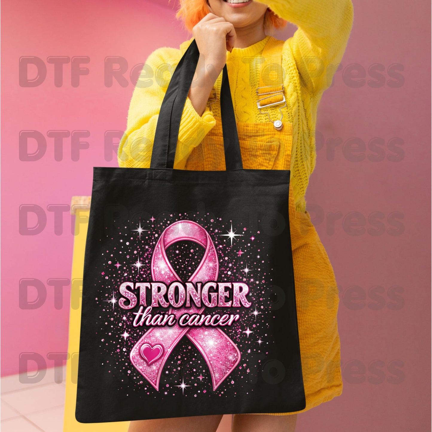 Stronger Than Cancer Pink Ribbon DTF Transfer Ready to Press Heat Transfer Glitter Sparkle Awareness Tee