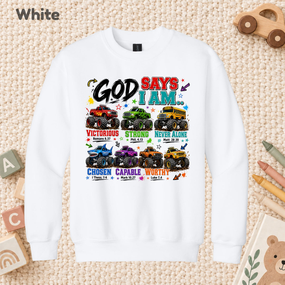God Says I Am Monster Trucks Christian T-Shirt, Bible Verse Kids Religious Graphic Tee