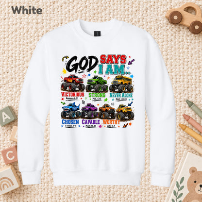 God Says I Am Monster Trucks Christian T-Shirt, Bible Verse Kids Religious Graphic Tee