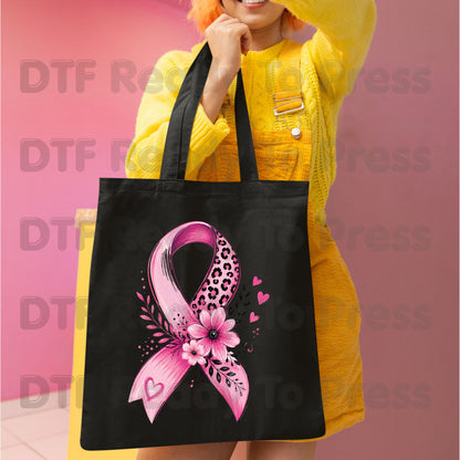 Leopard Floral Pink Ribbon Breast Cancer Awareness DTF Transfer Ready to Press Heat Transfer Tee