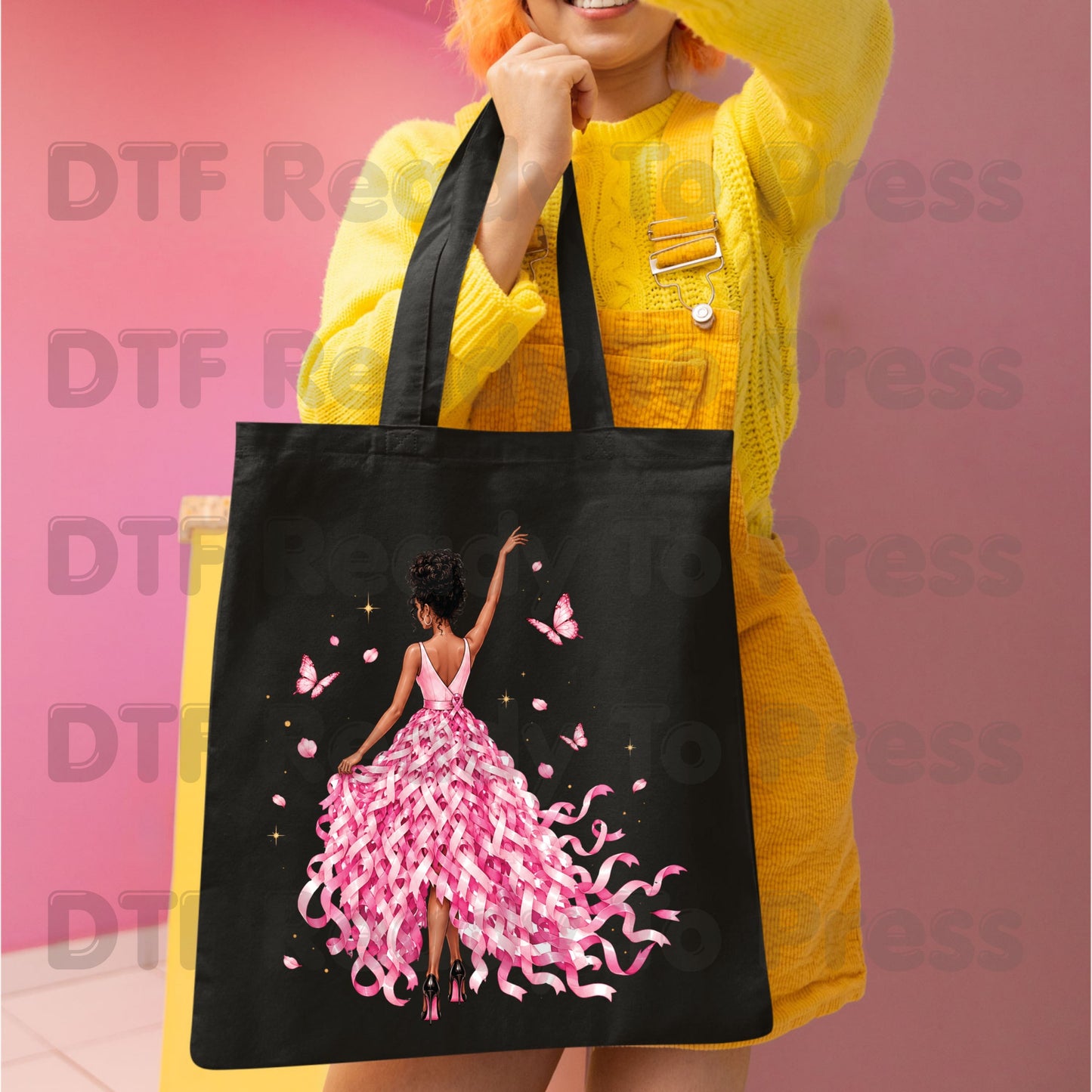 Black Woman Pink Ribbon Dress Breast Cancer Awareness DTF Transfer Ready to Press Heat Transfer Survivor Tee