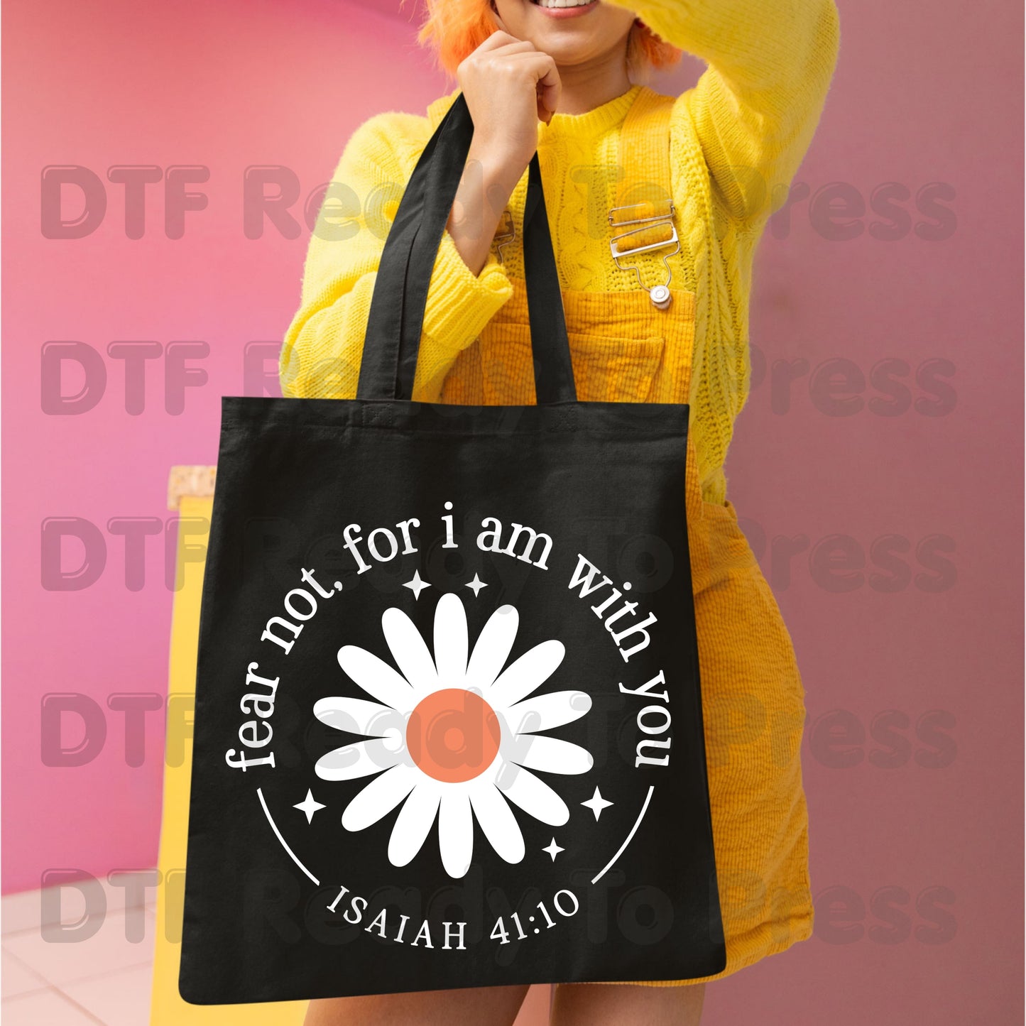 Christian Heat Transfer Fear Not For I Am With You DTF Transfer Ready to Press Bible Verse Isaiah 41:10 Blue Daisy Flower Tee