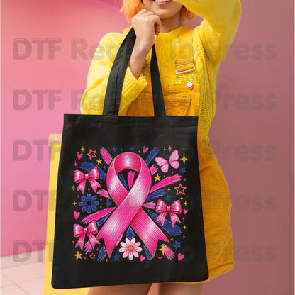 Breast Cancer DTF Transfer Ready to Press Pink Ribbon Bows Butterfly Flowers Awareness Heat Transfer Tee Print Direct to Film