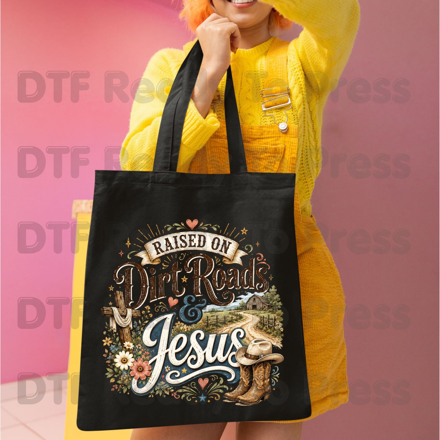 Western Christian Heat Transfer Raised on Dirt Roads and Jesus DTF Transfer Ready to Press Country Western Cowboy Boots Cross Tee
