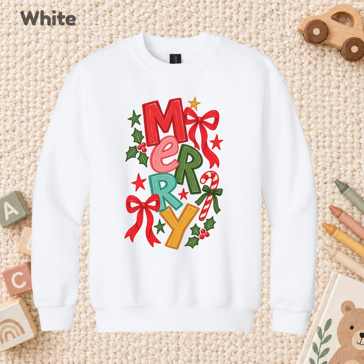 Merry Christmas T-Shirt, Colorful Lettering Red Bow Tee, Candy Cane Holiday Sweatshirt