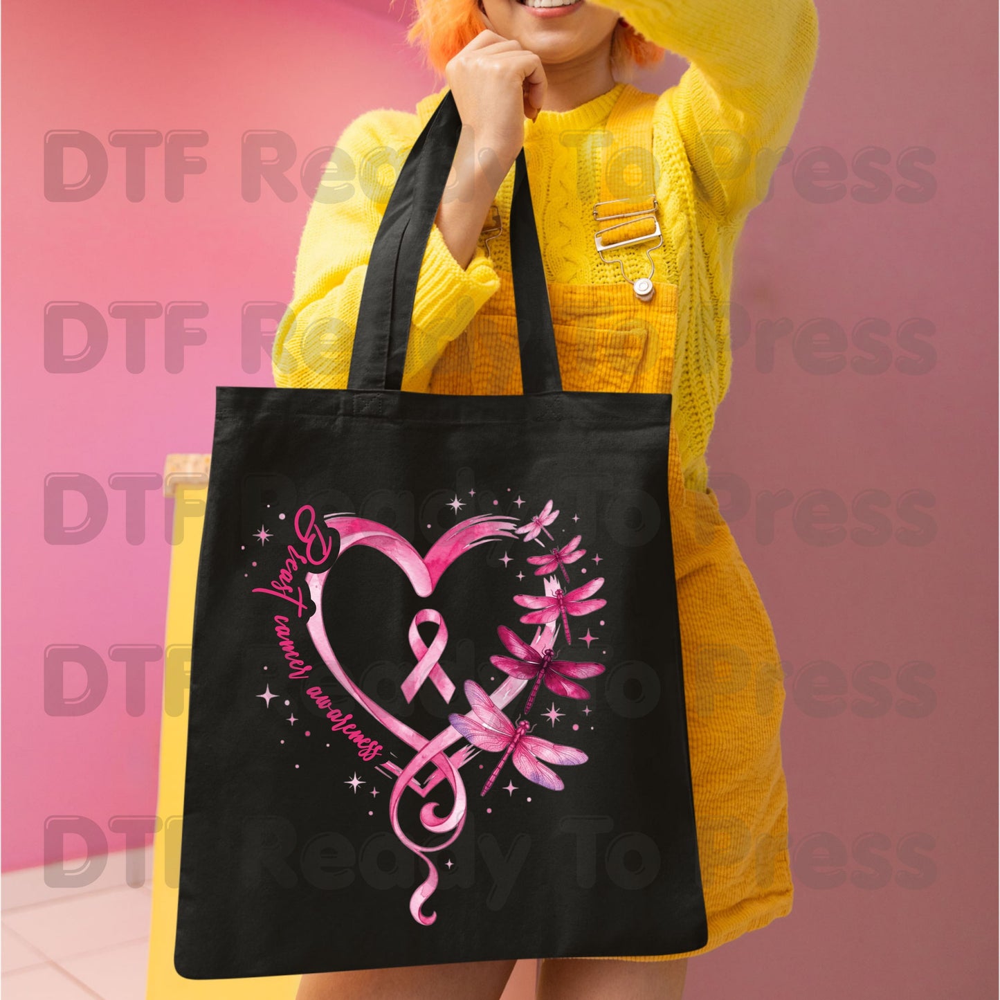 Breast Cancer Awareness Pink Heart Dragonfly DTF Transfer Ready to Press Heat Transfer Ribbon Tee