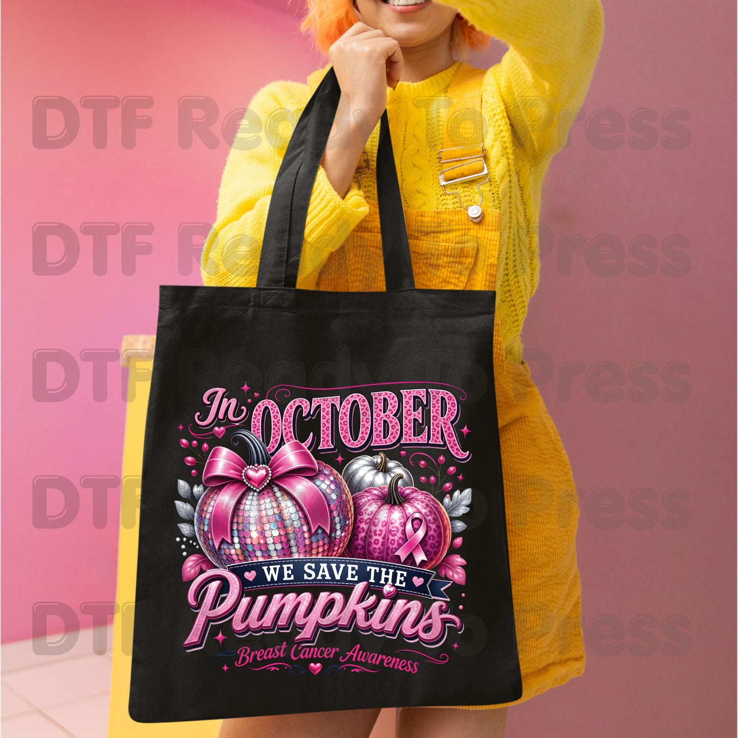 In October We Save The Pumpkins Breast Cancer Awareness DTF Transfer Ready to Press Heat Transfer Tee