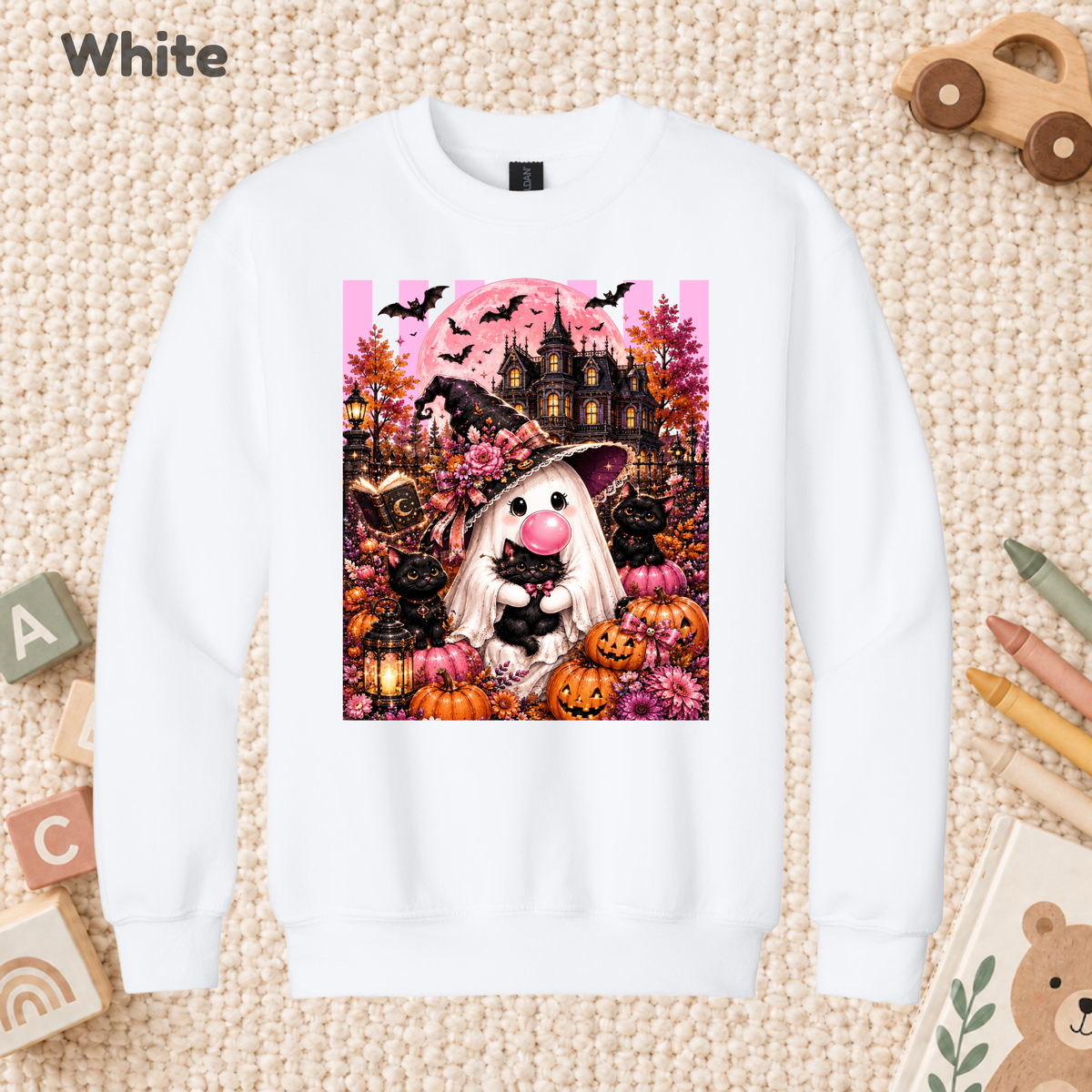 Pink Ghost Halloween T-Shirt, Witch Ghost Bubble Gum Black Cat Spooky Cute Tee for Toddler and Kids