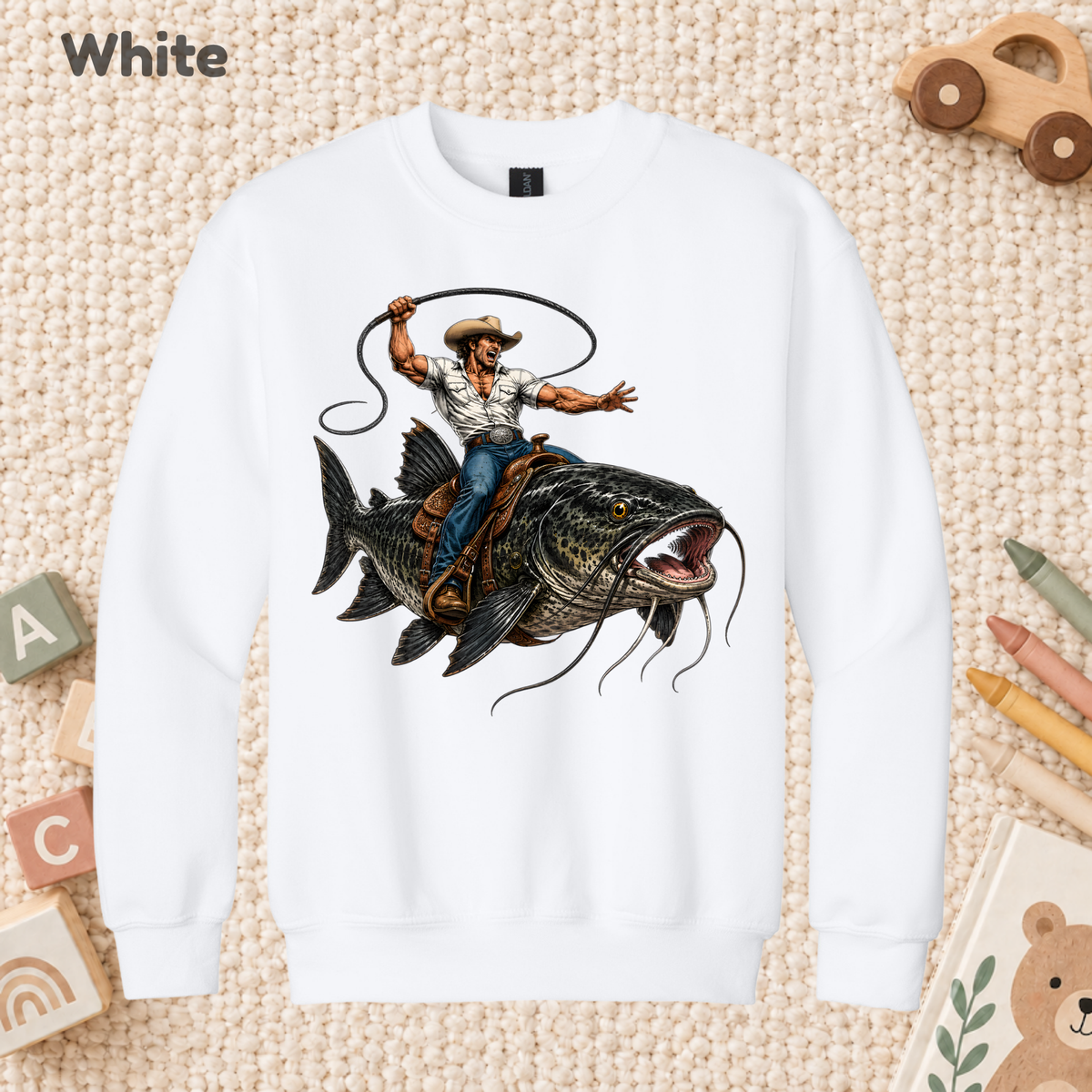 Cowboy Riding Catfish T-Shirt, Funny Fishing Rodeo Southern Graphic Tee for Toddler and Kids